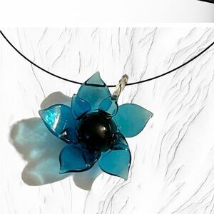 Handmade Necklace Lotus Flower Blue Aqua Glass Statement Piece New